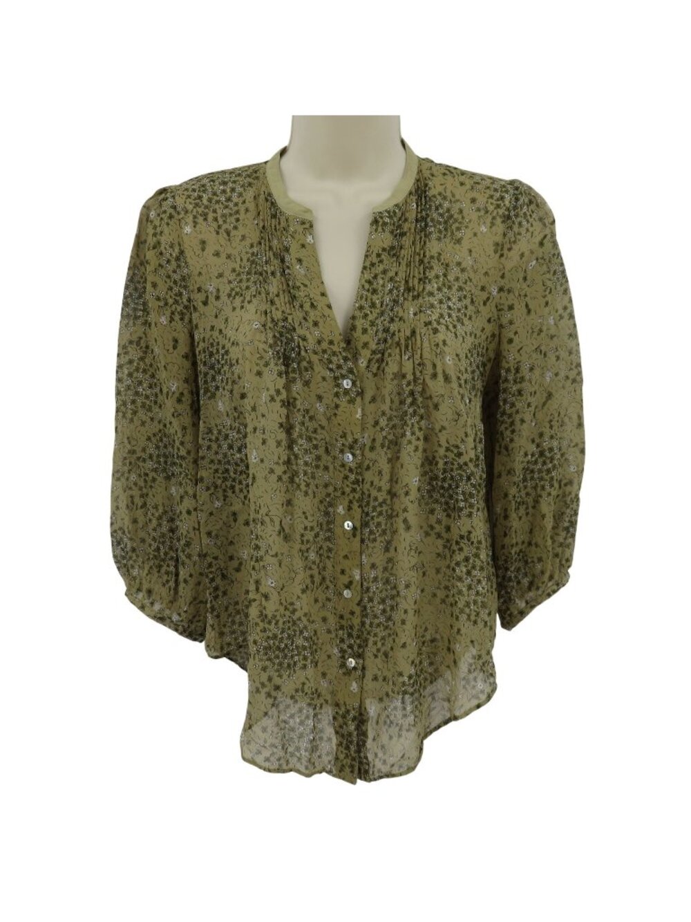 Fei Women 2 All Silk Green Sheer Floral Flower Pleated Blouse Shirt Top Buttons